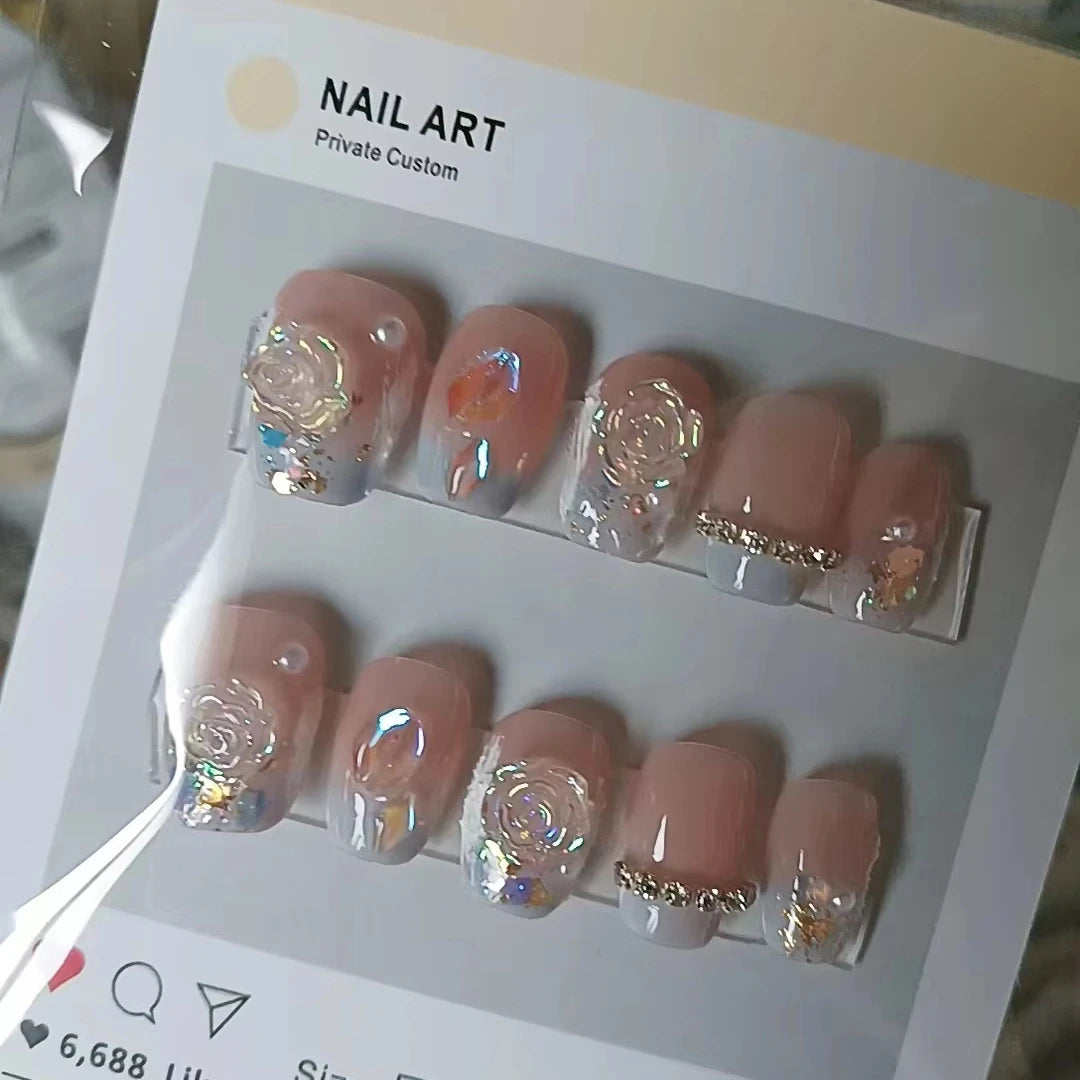 Handmade 10pcs Acrylic Fake Artificial Gel Nails Long-Lasting Removable 3D Coffin Pattern for Finger Application