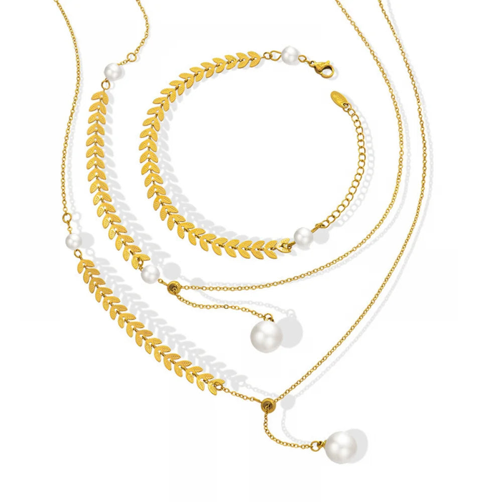 Fashion Asymmetrical Long Wheat Ear Pearl Pendant Necklace Bracelet  Stainless Steel Jewelry Set for Women