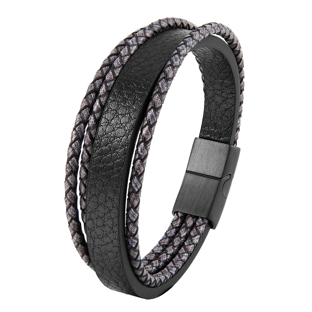 Classical Laser Blank Stainless Steel Clasp Jewelry Men Leather Bracelet Handmade Braided Multilayer Leather Bracelets OT-147