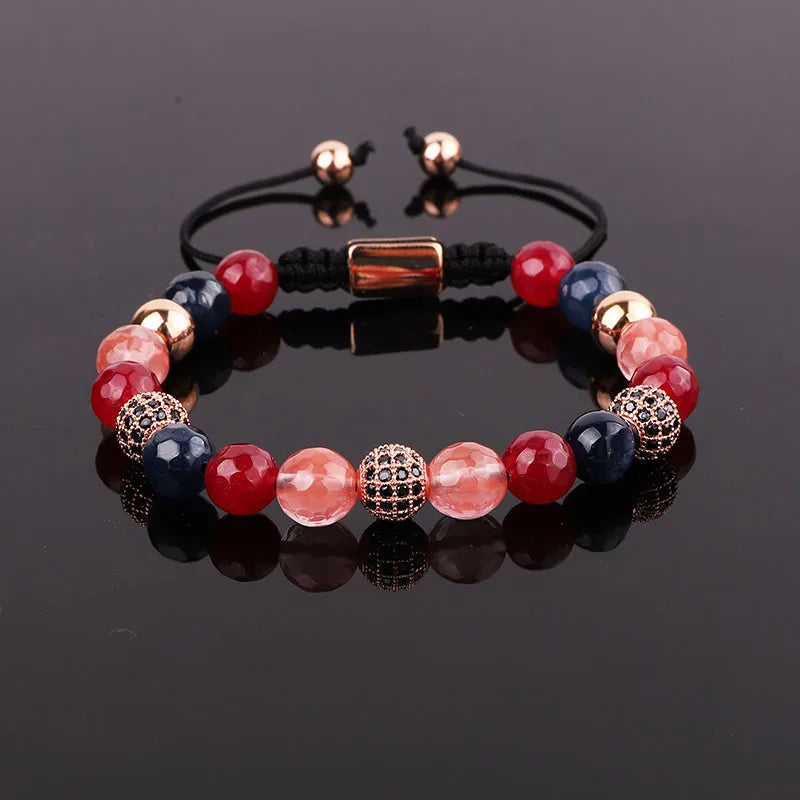 Jewelry Factory 8mm Natural Stone Red Jade Beaded CZ Charms Macrame Braided Friendship Bracelet Female