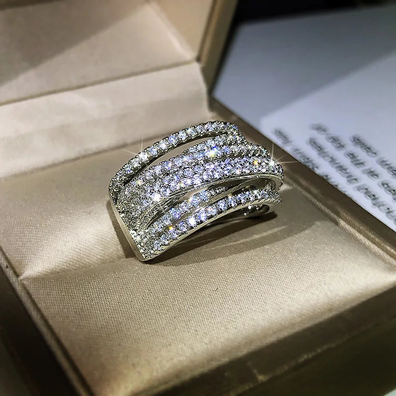 Fashion Women Girls Diamond Bling Custom Gemstone Cubic Zircon Finger Ring Engagement Silver Ring