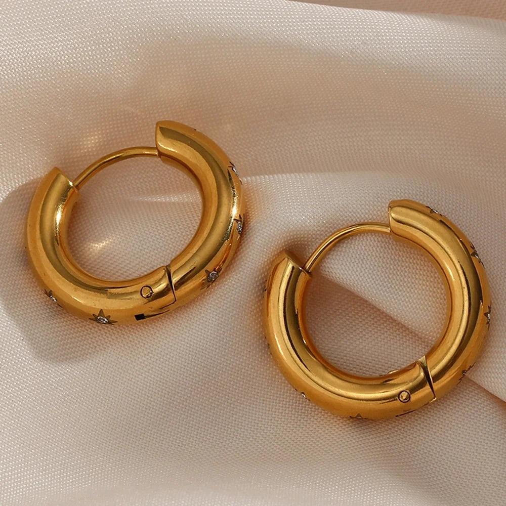 Chunky Vintage North Star Zircon Gold Plated Stainless Steel Hoop Earring PVD Gold Plated Jewelry