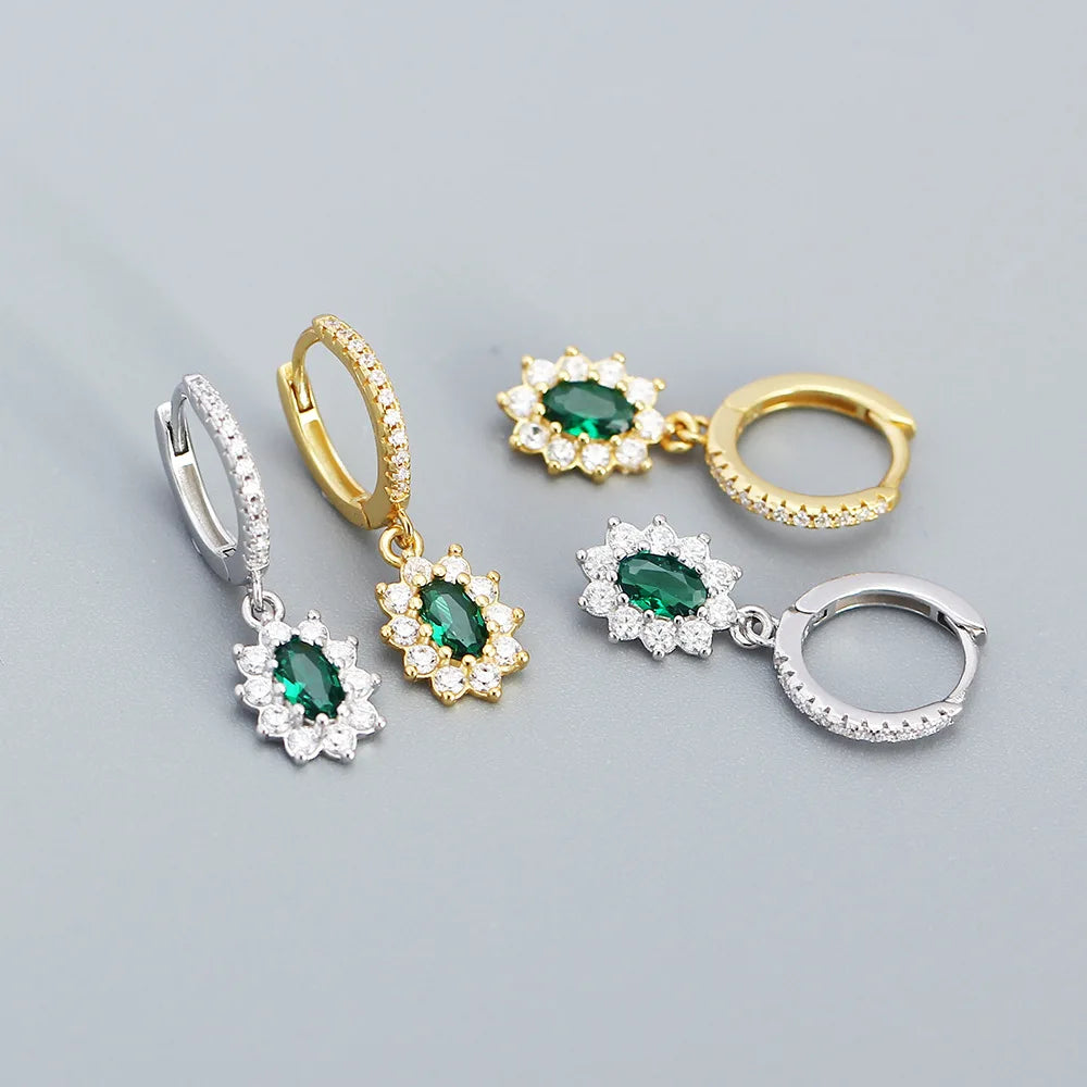 New Design S925 Sterling Silver CZ Square Emerald Green CZ Pendant Silver Dangle Earrings for Women YHE0519