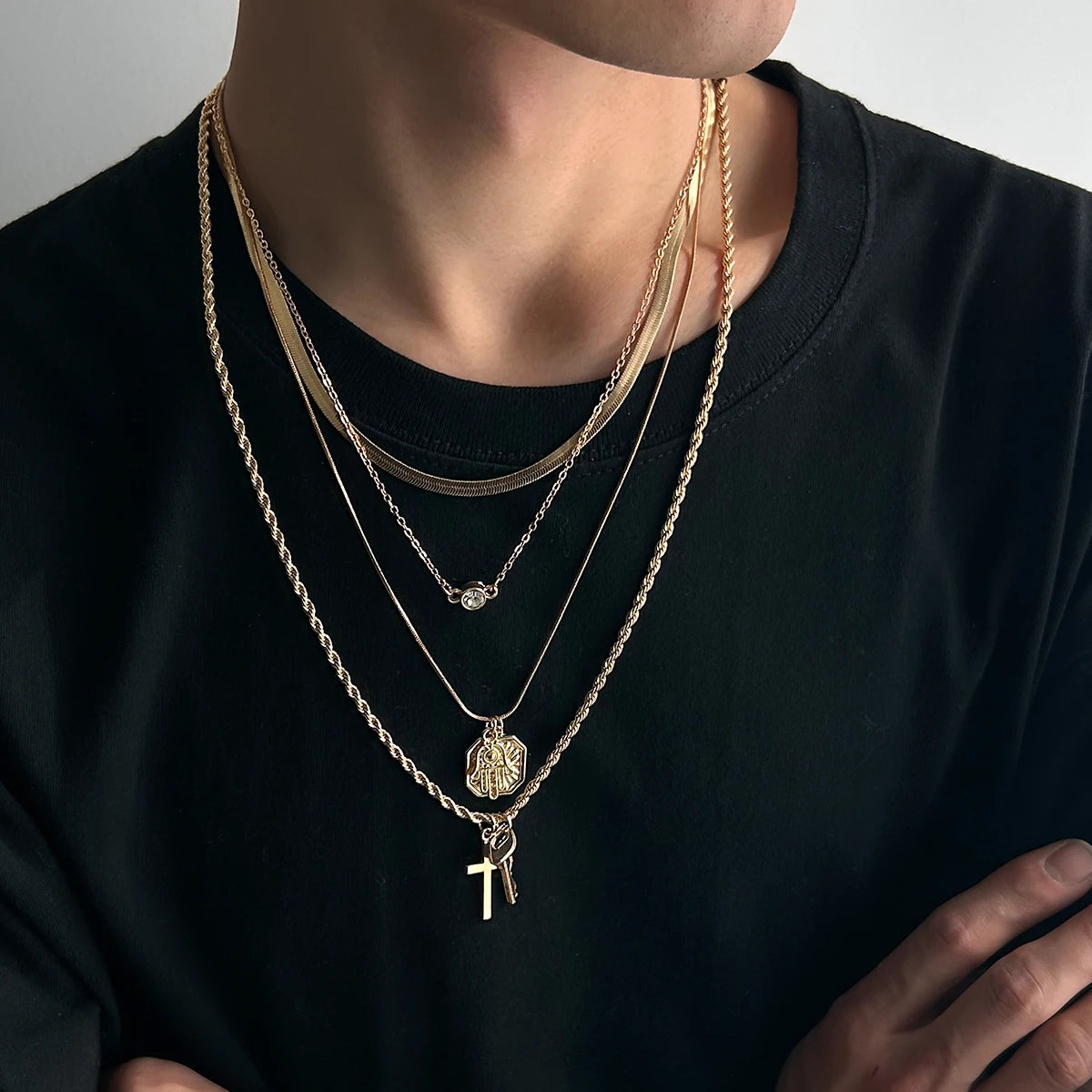 4Pcs/Set Hip Hop Fried Dough Twists Chain Key Cross Pendants Necklace for Men Trendy Male Daily Accessories Fashion Jewelry Gift