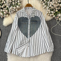 Spicy Striped Shirt for Women Autumn Denim Splicing Hot Stamping Loose  Design Unique Street Top