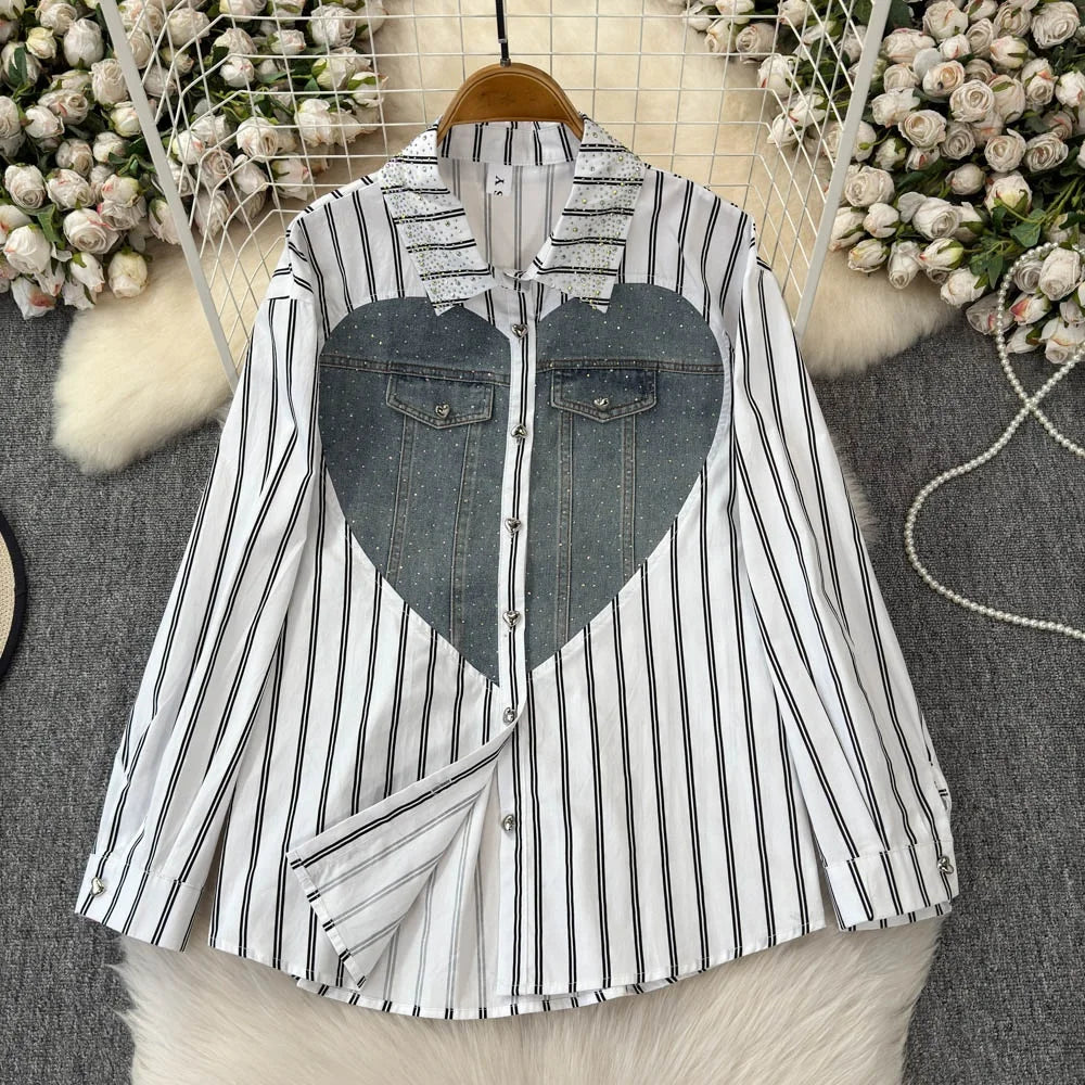 Spicy Striped Shirt for Women Autumn Denim Splicing Hot Stamping Loose  Design Unique Street Top