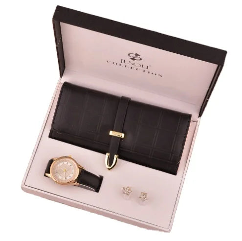 New A08376 Luxury PU Leather Women's Long Card Holder Wallet Business Watch Fashion Earrings Gift Set