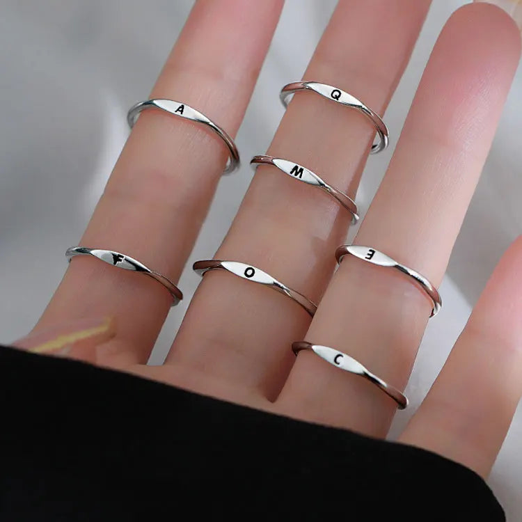 SC Hot Selling Stackable Thin Your Name Initial Finger Rings Girls Korean Style Adjustable Silver Plated 26 Letter Rings Women