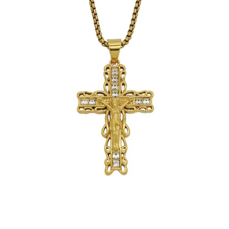 Hip Hops Men Religious Jewelry Stainless Steel Jesus Christ Cross Gold Rhinestone Zircon Necklace Pendant