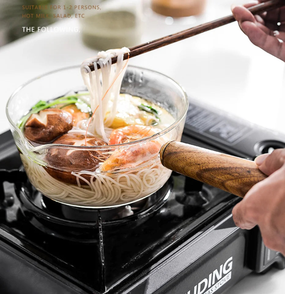 High Borosilicate Glass Eco-Friendly Milk Pot Stewing Pot with Transparent Acacia Wood Handle Instant Noodle Bowl