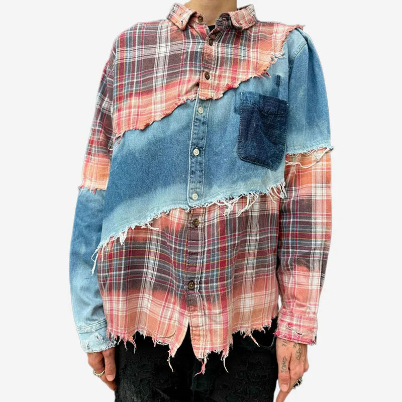 Custom Vintage Casual Long Sleeve Breathable Anti-Wrinkle Eco-Friendly Distressed Cotton Panel Mix Flannel Shirt Men