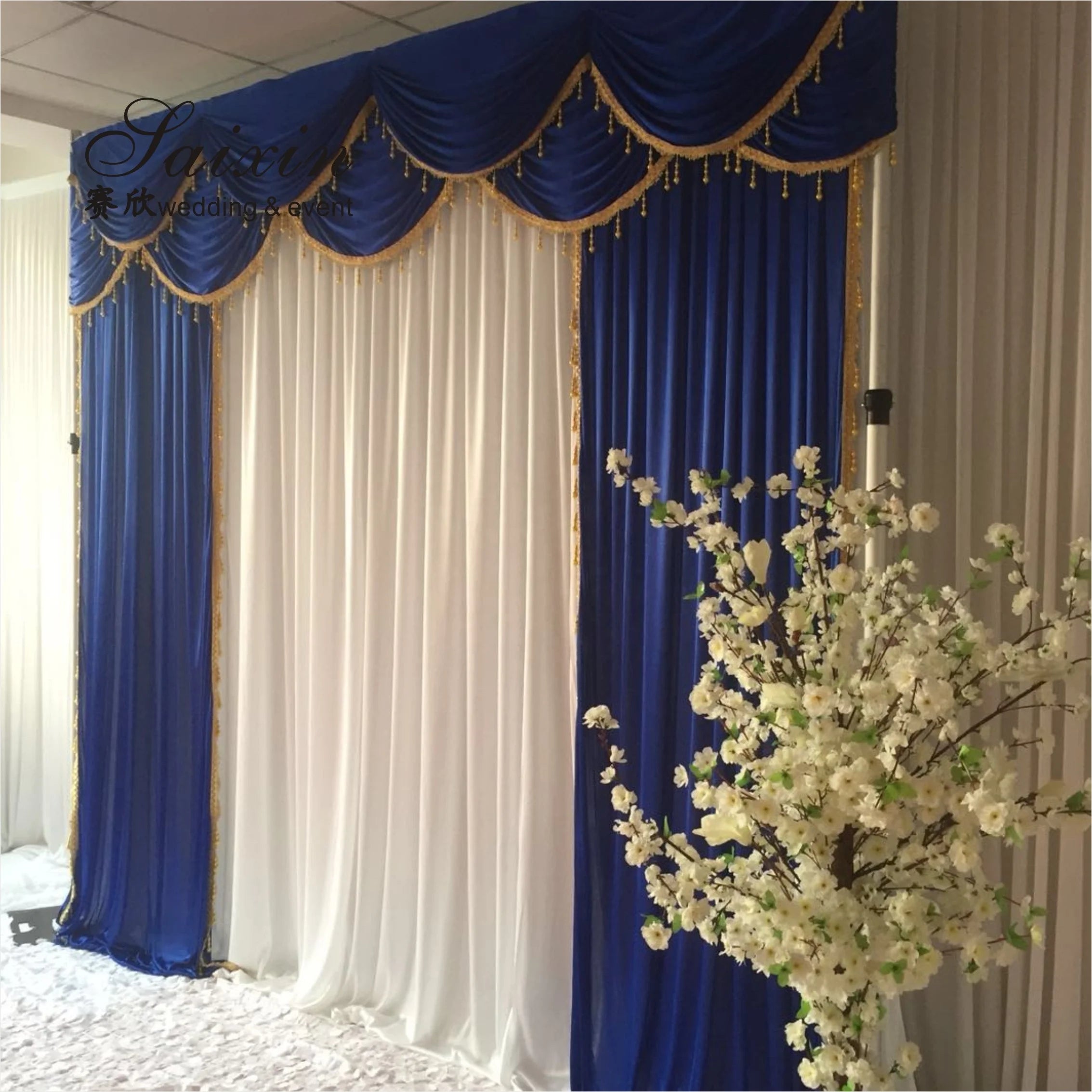 Hot Sale Gorgeous Blue Silk Cloth Drape Valance Curtains with Ivory Tassel for Wedding Decorations