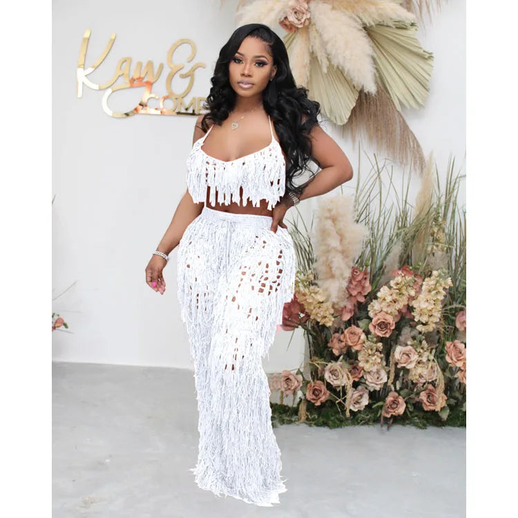 Halterneck long skirt custom logo Tassel swimsuit outerwear wholesale Knitted bikini cover up factory directly