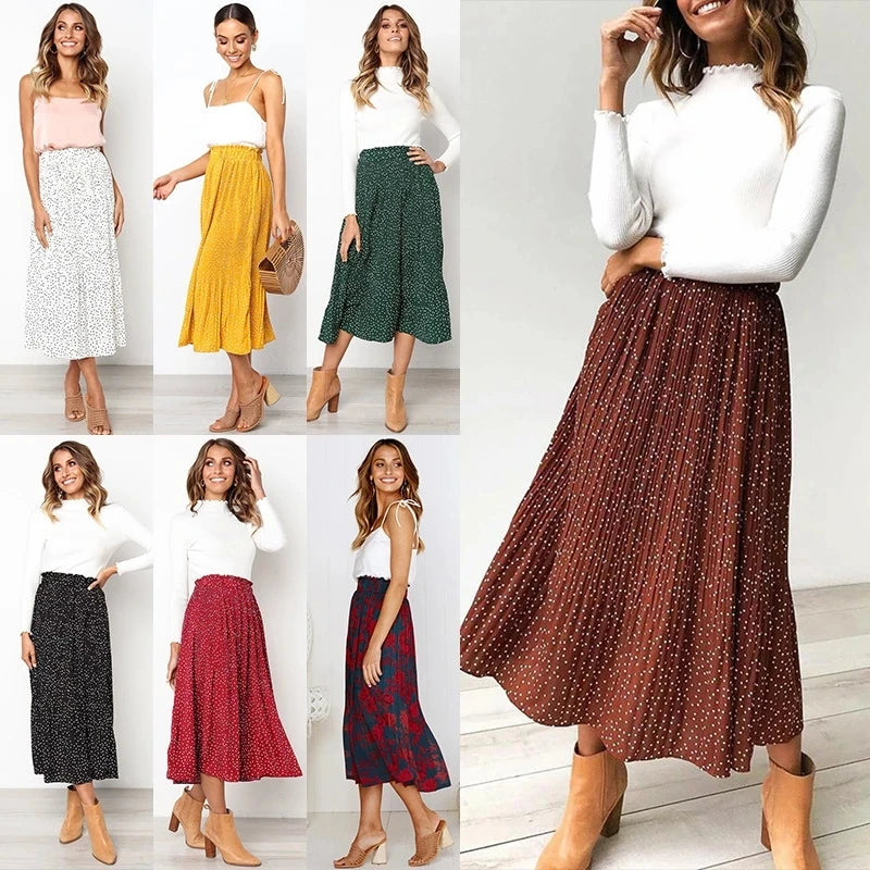 White Dots Floral Print Pleated Midi Skirt Women Elastic High Waist Side Pockets Skirts Summer  Elegant Female Bottom