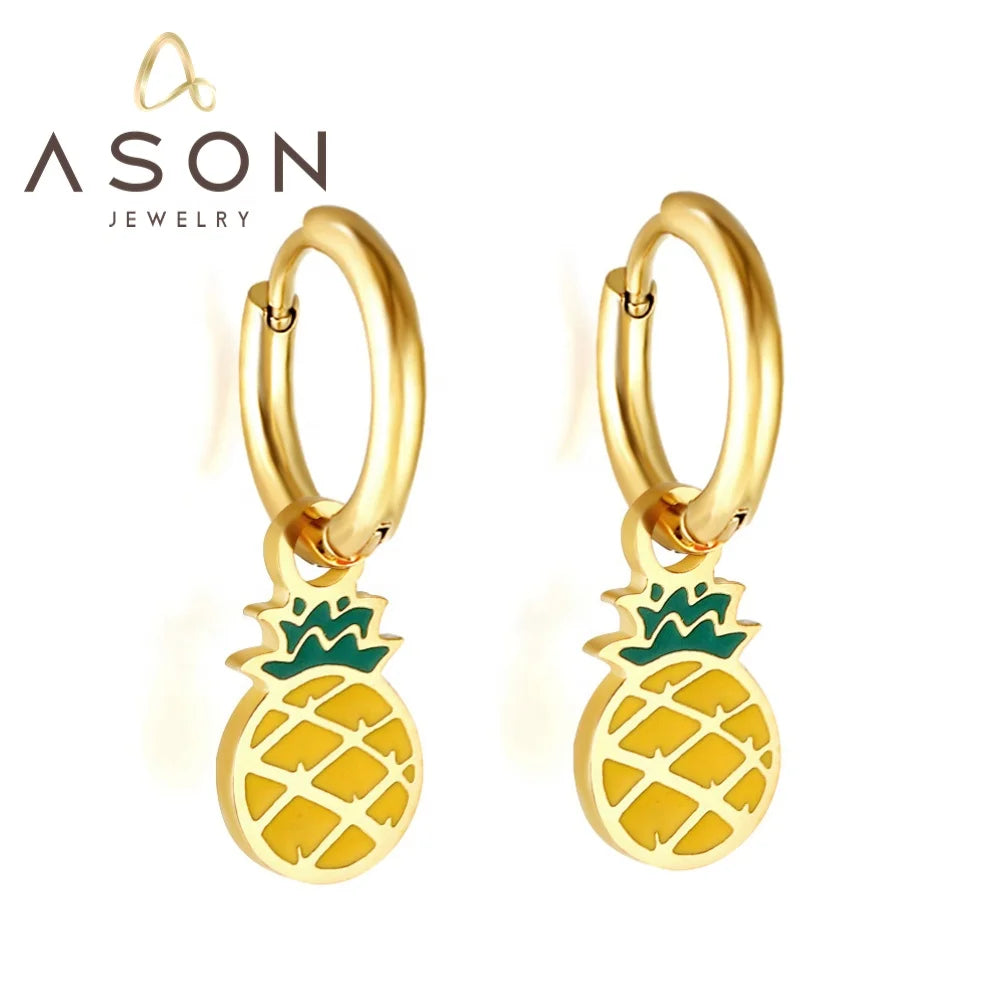 Ason New Fashion Stainless Steel Fruit Earrings 18k Gold Plated Mixed Color Pineapple Drop Hoop Earrings