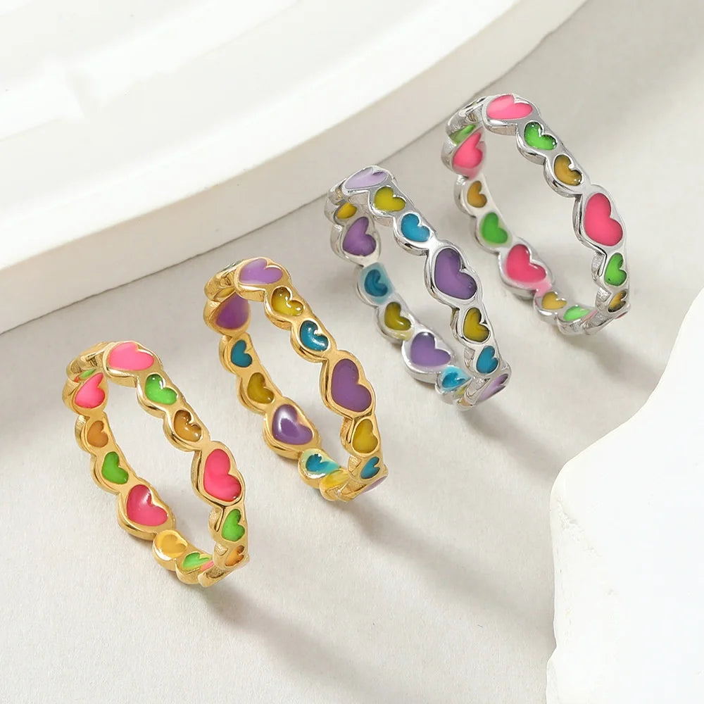 Creative Women's Trendy Stainless Steel Colorful Enamel Butterfly Heart Love Noctilucent Luminous Finger Rings