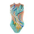Blue Patterned Swimsuit with Diamond Full Coverage High Neck Sleeveless Design Performance Wear for Ballroom Girl Competitions
