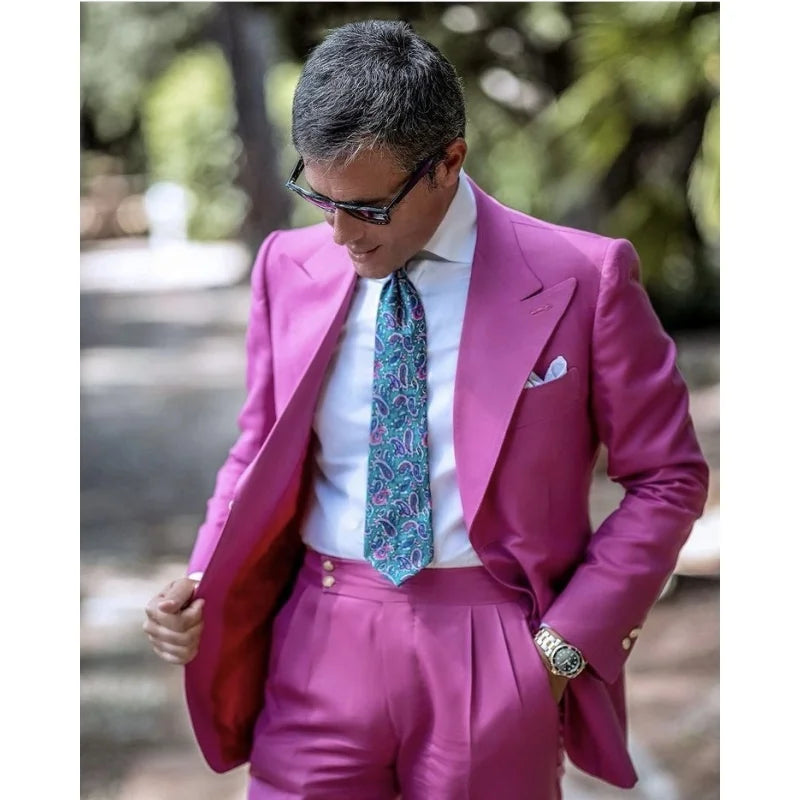 2025 Fuchsia Skinny Wide Lapel Men Tuxedos Custom Made Suits Blazer Office Party Prom Wear Set Formal Jacket +Pant