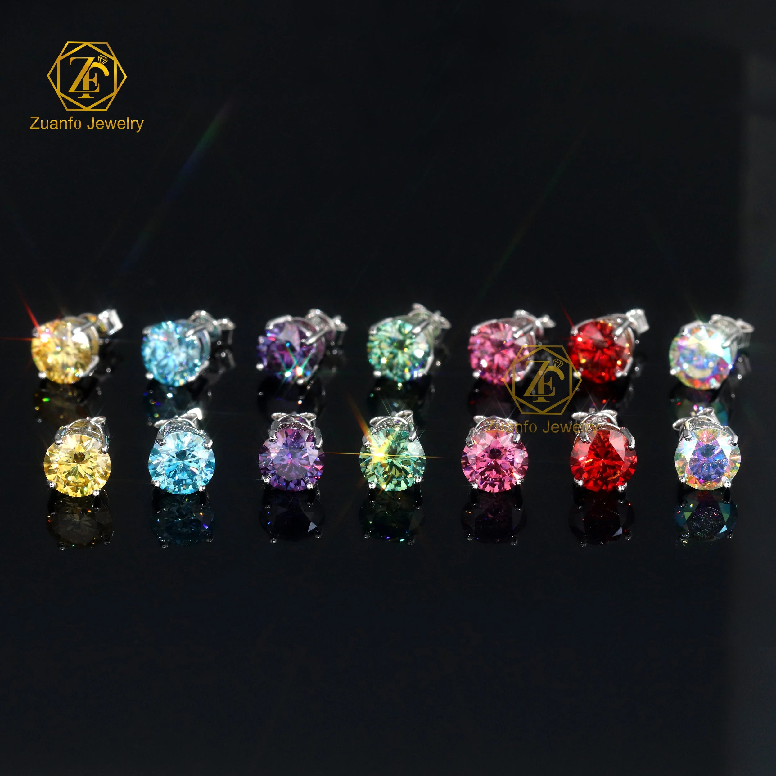925 Sterling Silver 8MM Colorful Moissanite Earrings Pass Diamond Tester with 4 Prongs Push Back Gold Plating for Men and Women