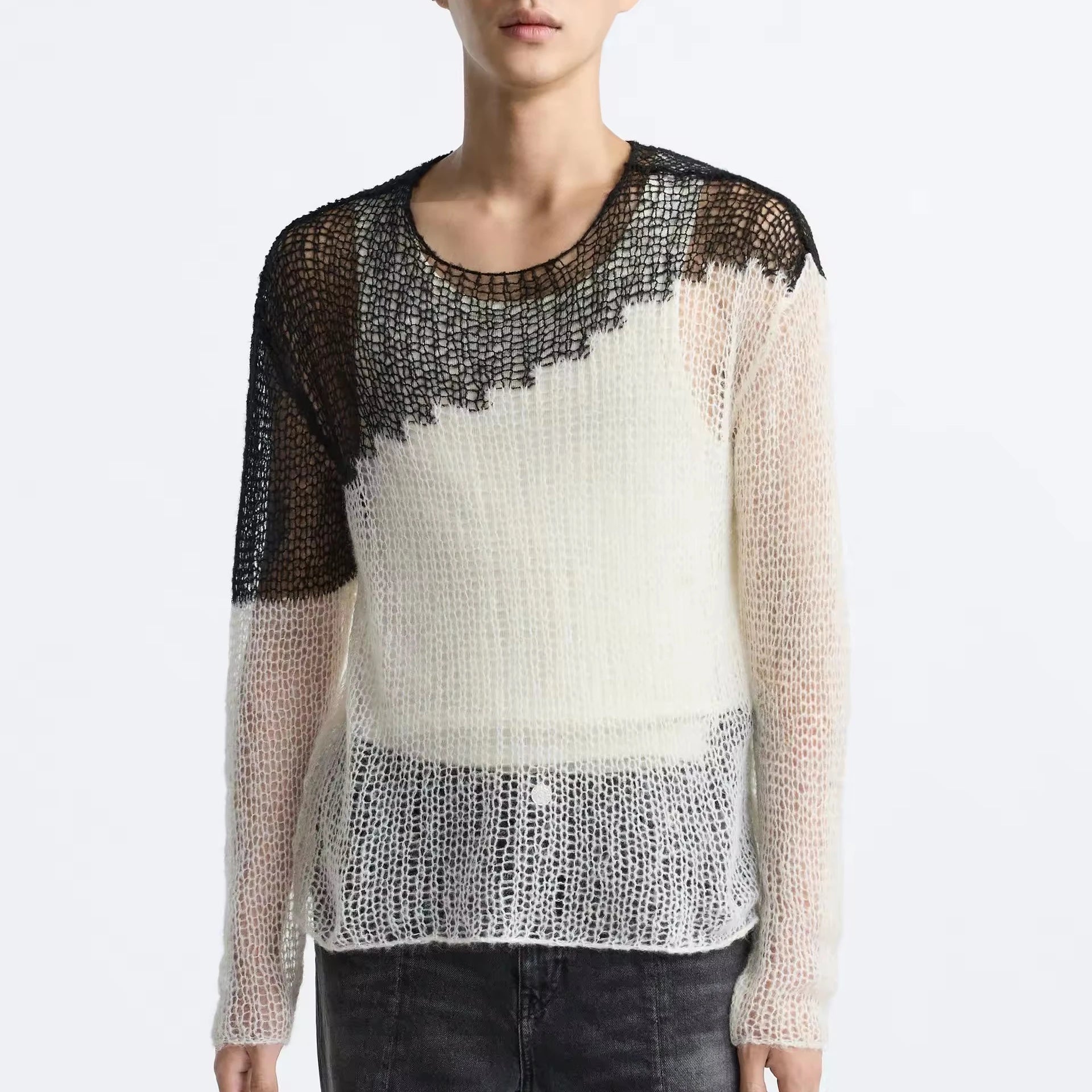Custom Logo Summer Top for Men Thin Breathable Textured Open-Knit Sweater with Long Sleeves Mesh Hollow Out Knitwear Design