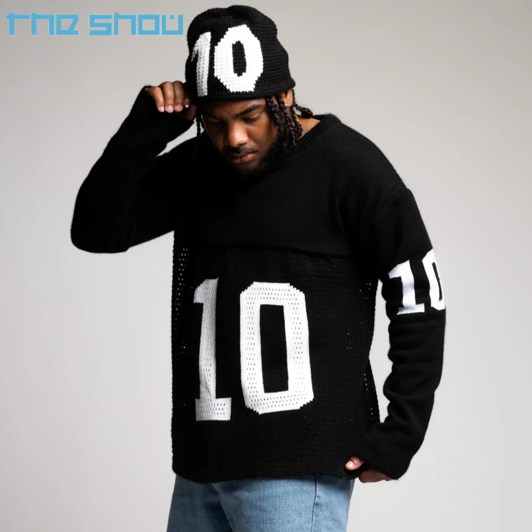 Custom LOGO OEM Crew Neck Knit Top Drop Shoulder Long Sleeve Knit Crochet Mesh Classic Oversized Football Jersey T-shirts Men