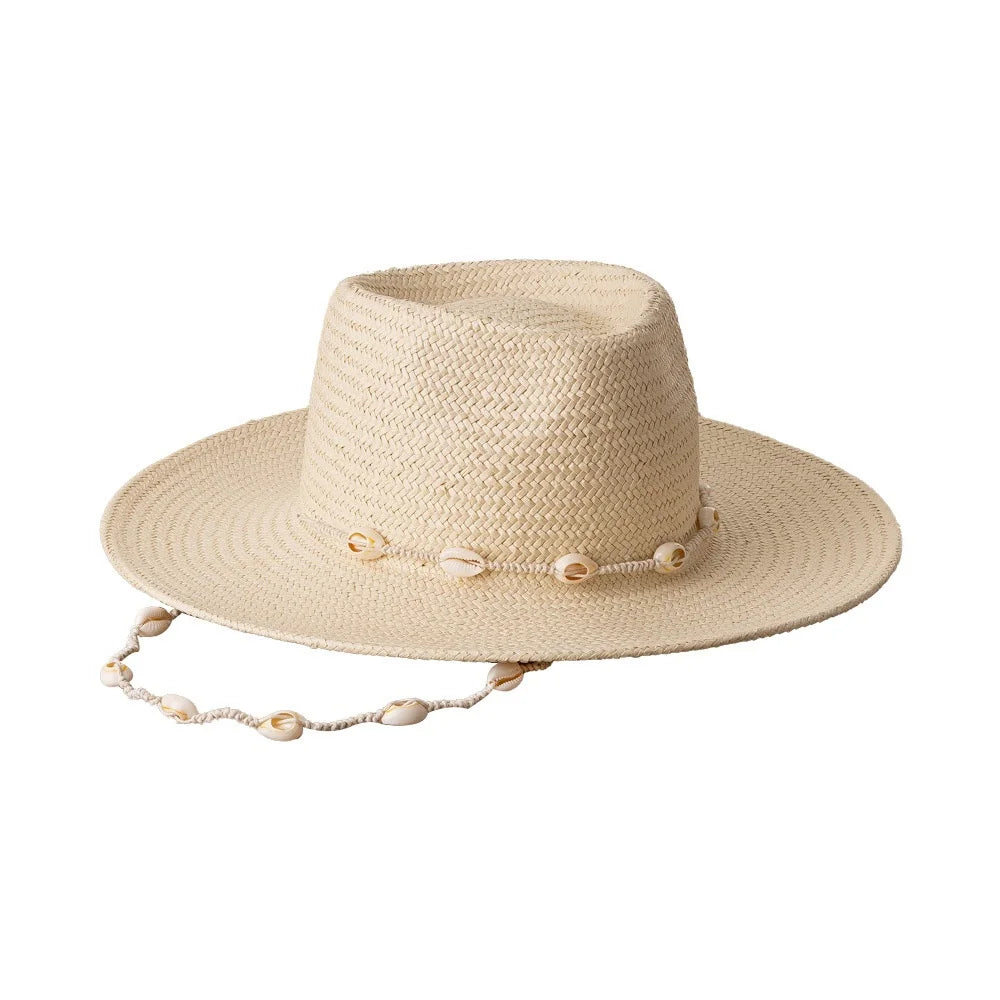 Women Hand Embroidery Striped Wide Brim Fedora Shell Chain Fashionable Sun Protection Beach Casual Summer Wear Panama Hat