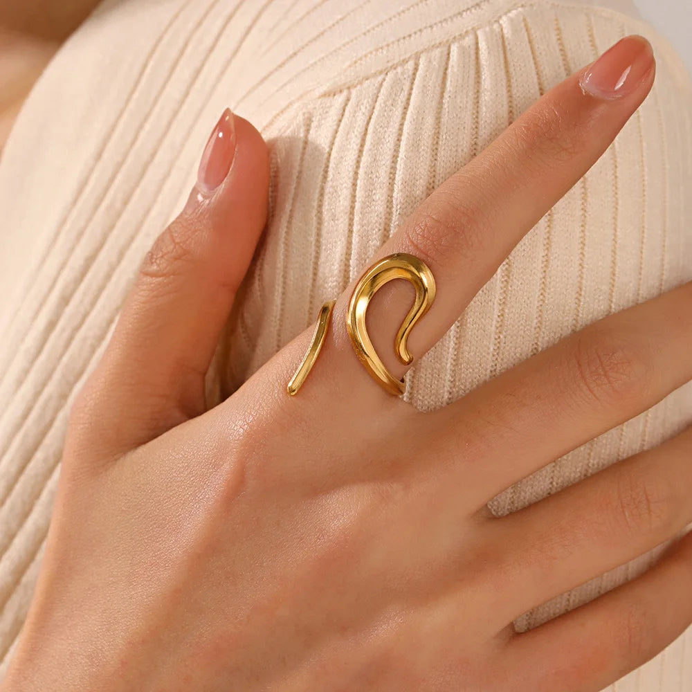 Minimalist 18K PVD Gold Plated Stainless Steel Waterproof Irregular Geometric Hollow Lines Open Ring