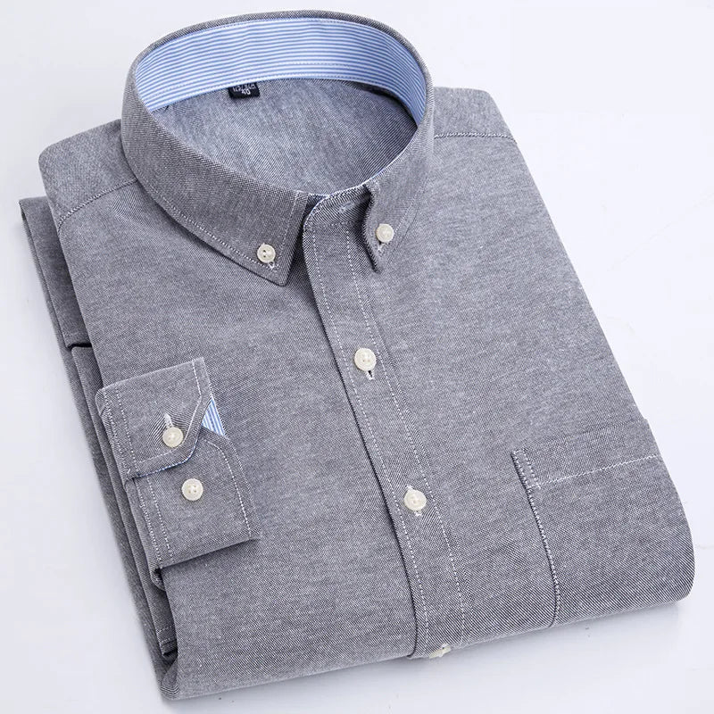 RNSHANGER Men's Oxford Long Sleeve Striped Plaid Casual Shirt Front Patch Pocket Regular-fit Button-down Collar Work Shirts
