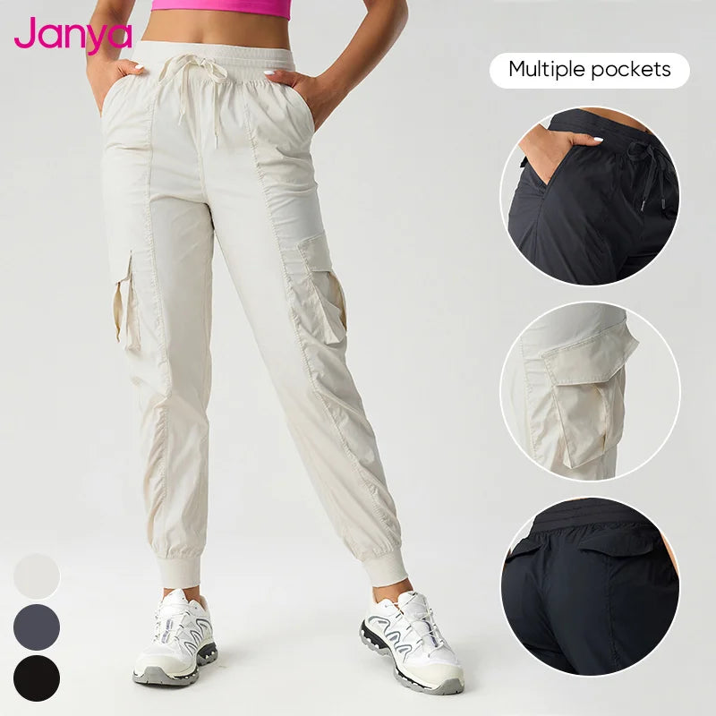 Janna Custom Logo Women's Outdoor Running Jogger Cargo Pants Multi-Pockets Casual Sport Clothes With Drawstring Active Bottoms