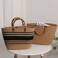 Women's Casual Tote Beach Handbag Horizontal Striped Cotton Woven Bag Faux Bamboo French Retro Design Large Capacity Two Handles