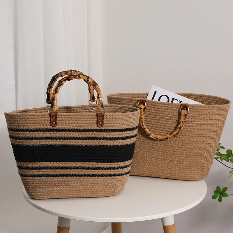 Women's Casual Tote Beach Handbag Horizontal Striped Cotton Woven Bag Faux Bamboo French Retro Design Large Capacity Two Handles