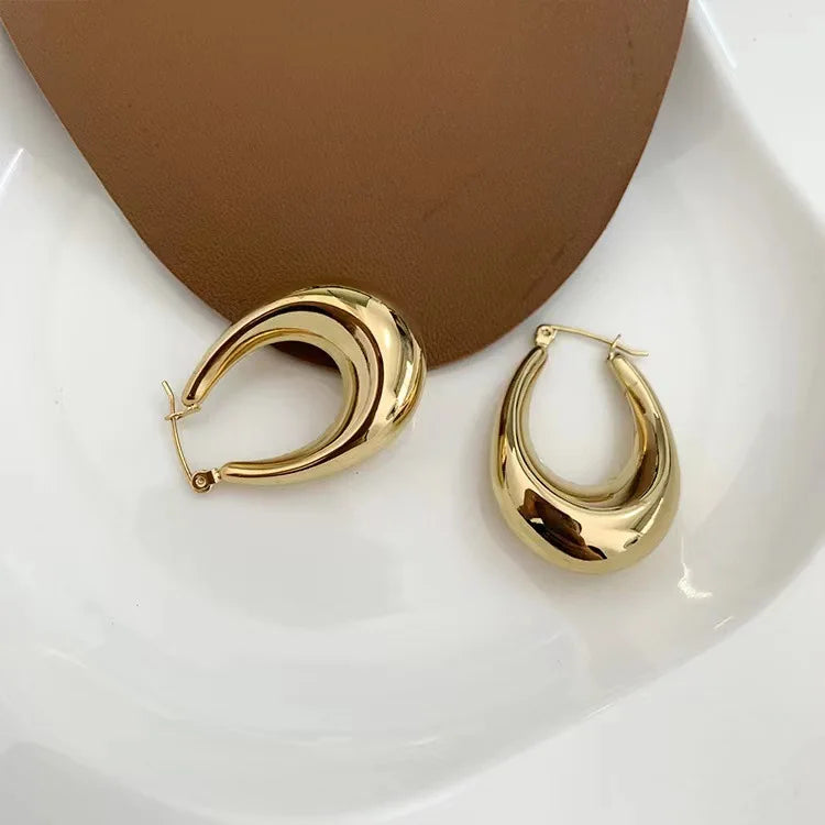 Hot Sale Gold Plated Stainless Steel Jewelry Oval Hollow Pendant 18k Gold Plated Hoop Earrings for Women