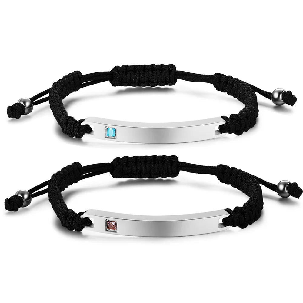 Custom Name Letters Adjustable Black Woven Bracelet Smooth Stainless Steel Crystal Bar Charm Couple Bracelet