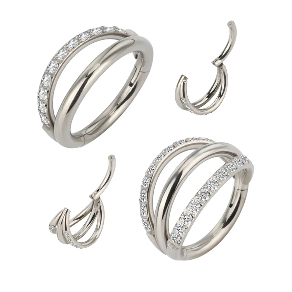 Fashion Triple Circle Rings with Zircons for Women's Nose Rings Earrings Segment Rings Piercing Body Jewelry ASTM F136 Titanium