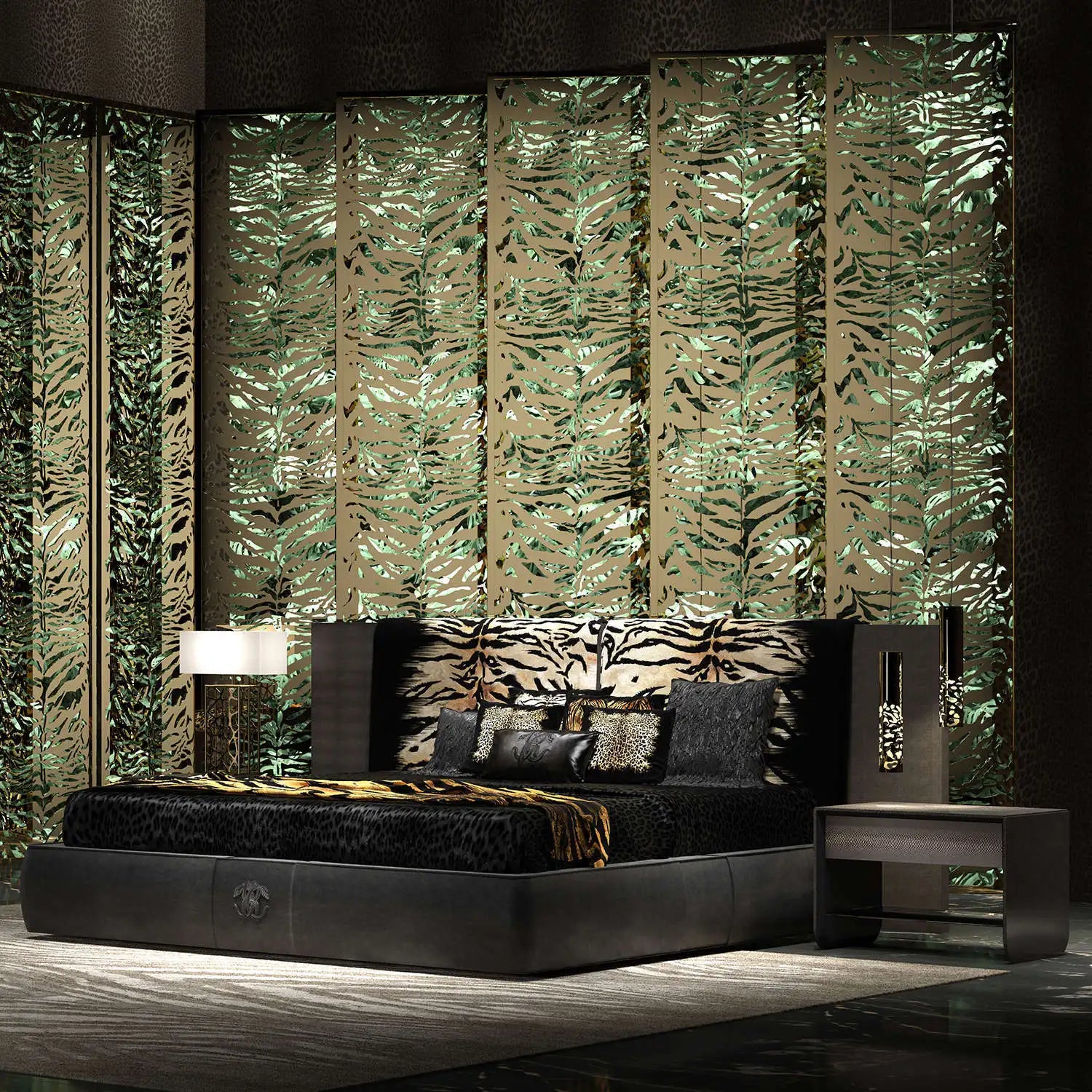 Modern Black Leopard Print Leather Queen Size Bed Luxury Wooden Bedroom Furniture with Up-Holstered Design for Villa & Hotel