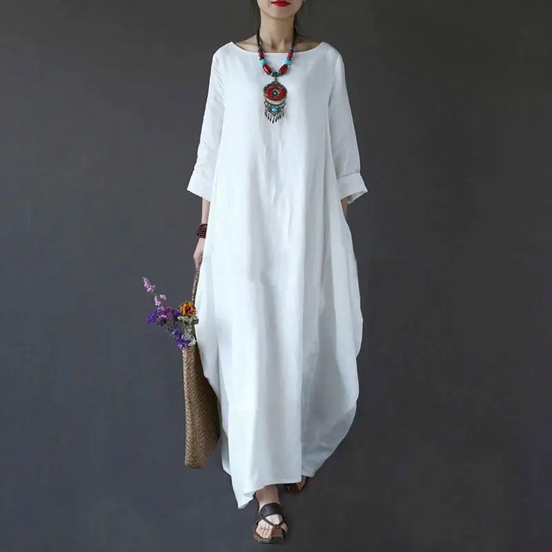2023 Newest Design Women Loose Linen Dress Long Pure Color Big Size Dress