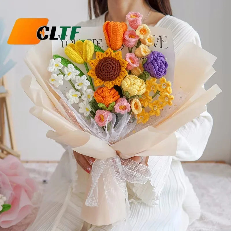 Colorful Wool Flowers Crochet Bouquet Rose Tulips Flower Bouquet Novelty Valentines Day Gifts Women Girl Crochet Flower Bouquet