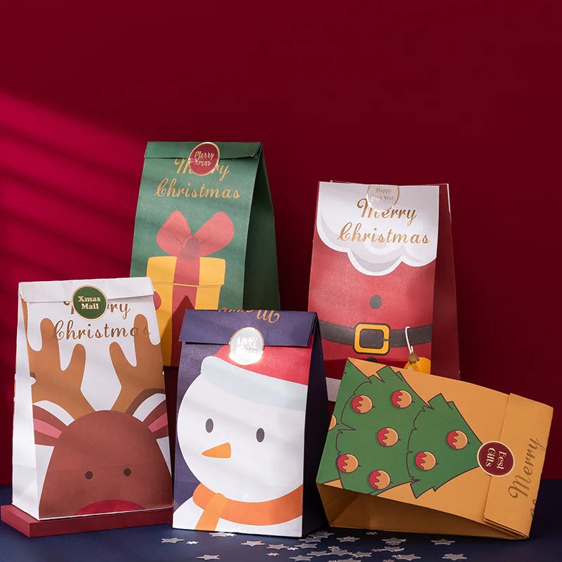 New Arrival Christmas Printing Kraft Paper Bag Wholesales Take Away Gift Packaging Stickers 6pcs/set for Holiday Gift Giving