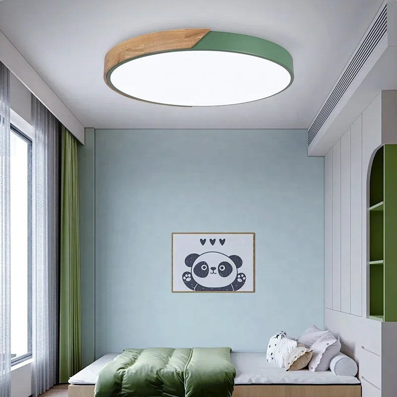 Nordic Macaron Colored Ceiling Lamp Wooden Round Modern Balcony Light Room Bedroom Illumination