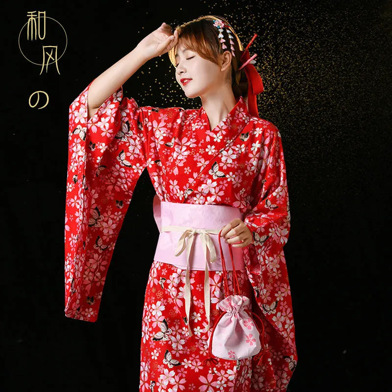 Hot Women Wholesale Long Cotton Japanese Traditional Court Sakura Floral Print Summer Women Yukata Dress for Ryokan