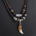 Men's Bohemia Wolf Tooth Cross Pendant Leather Beaded Weaved Necklace Jewelry
