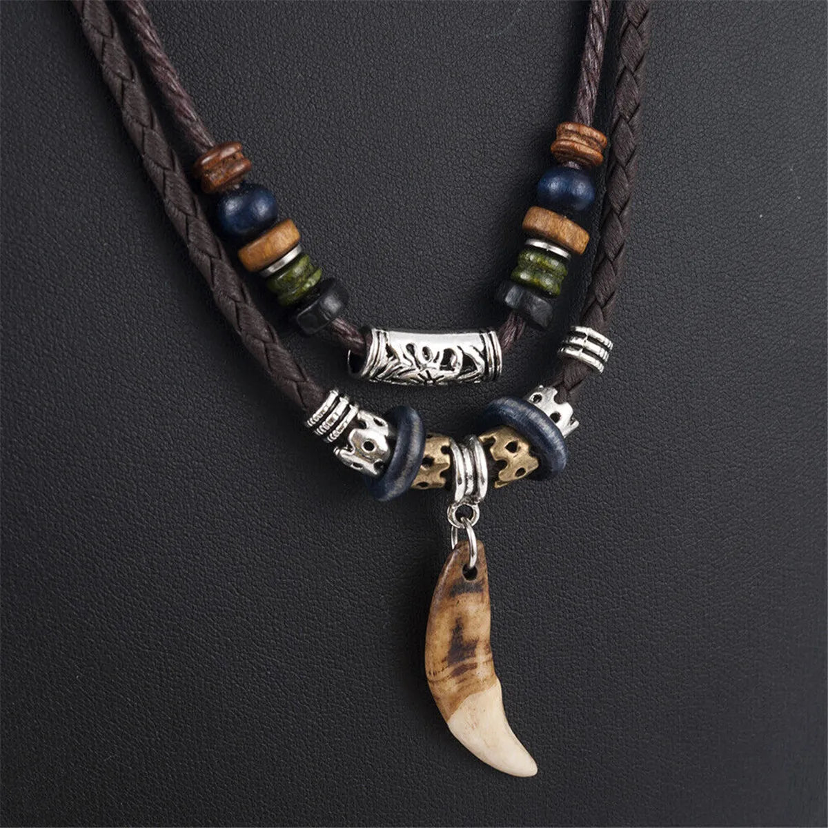Men's Bohemia Wolf Tooth Cross Pendant Leather Beaded Weaved Necklace Jewelry