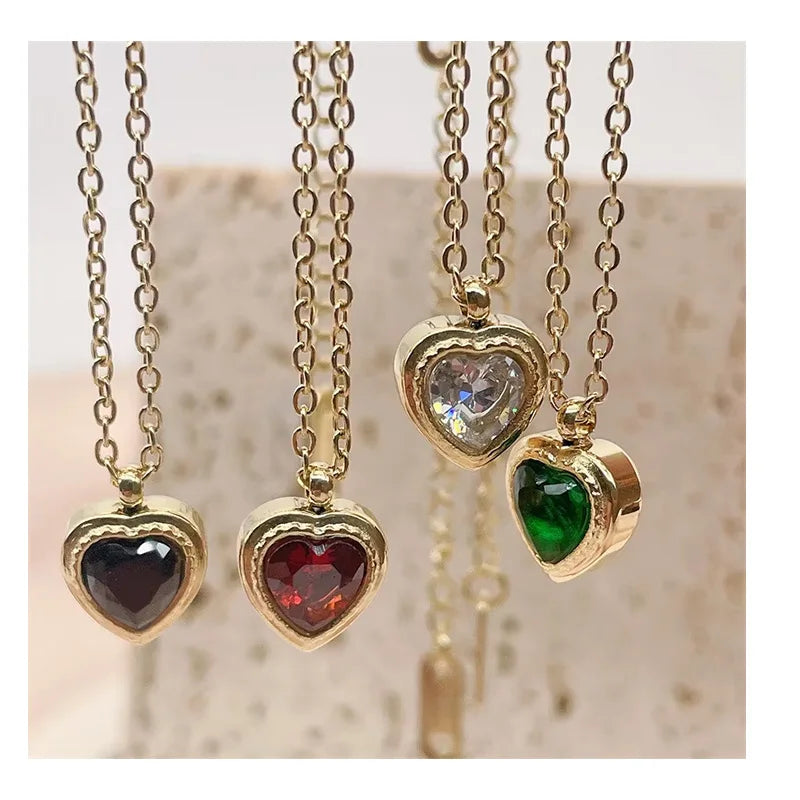 DAIHE Ins Heart Stainless Steel Pendant Necklace 18k Gold Crystal Zircon Necklace
