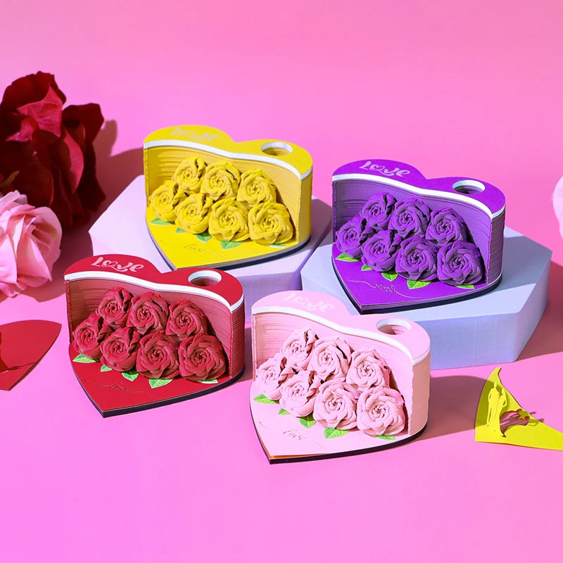 Valentine Day Gift Heart Shape Rose Flowers 3D Memo Pad Desk Decoration Note Pad Christmas Novelty Gift for Girlfriend Birthday MegaBDM