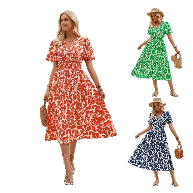RNSHANGER Summer Fashion Printing Women Dress Casual Women's Clothing New V-Neck Short Sleeves Fitted Beach Ladies Dress