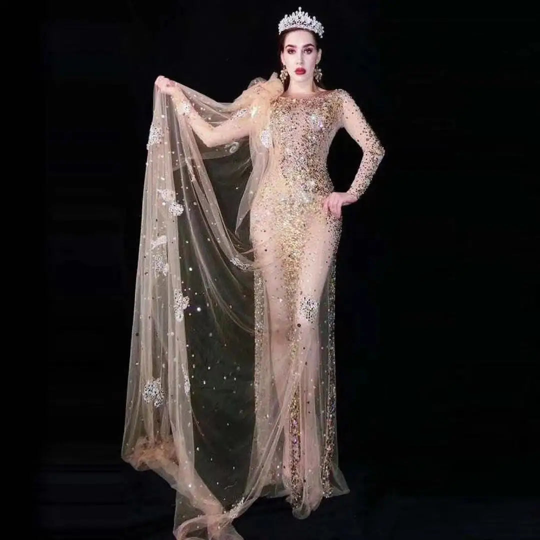 Luxury Rhinestone Long Party Evening Dress Prom Singer Dance Bar Dress Transparent Wedding Celebrate Birthday Costume