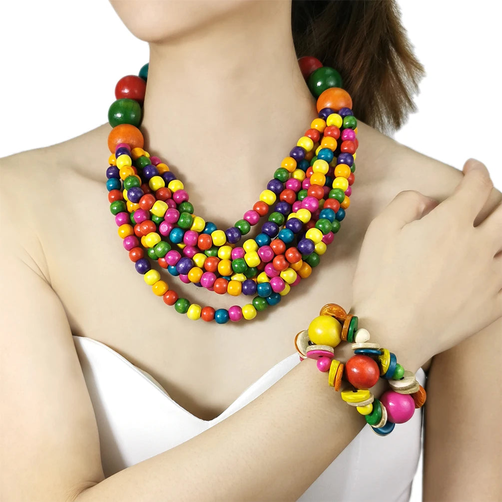 Fashion Handmade Jewelry Set Statement Wooden Multi Layer Choker Necklace Shell Unique Elasticity Bracelet Bohemian Jewelry