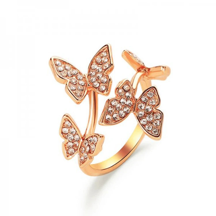 New Trendy Temperament Young Girl Gift Silver Gold Pave Rhinestone Finger Butterfly Adjustable Rings for Women MegaBDM