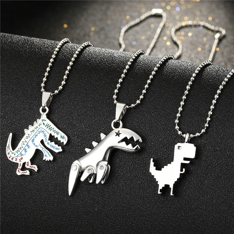 Creative Punk Cute Painted Little Dinosaur Best Friend Necklace Pendant Silver Animal Stainless Steel Necklace for Women