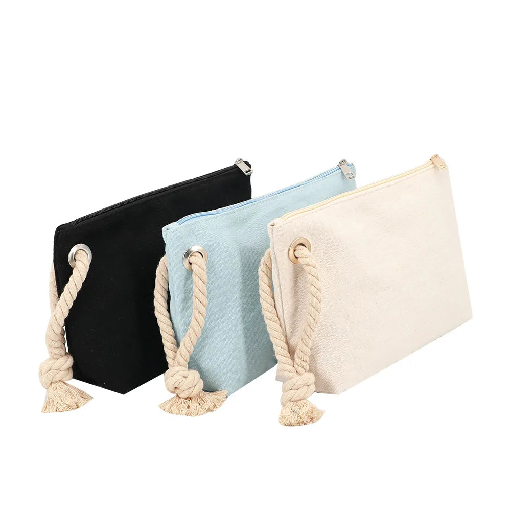 Travel Canvas Makeup Cosmetic Bag Factory Wholesale Portable ZIpper Bag with Logo Printed Custom Toiletry Bag with Cotton Rope